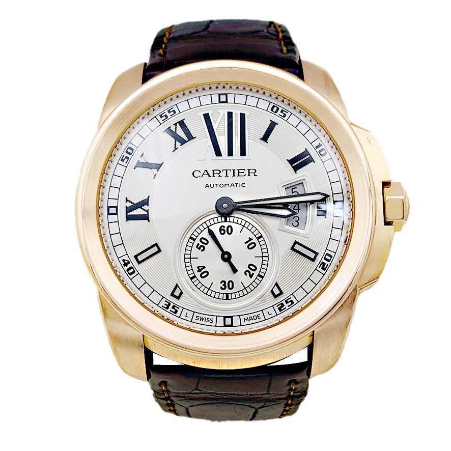 CARTIER “Caliber de Cartier” watch in pink gold and leather