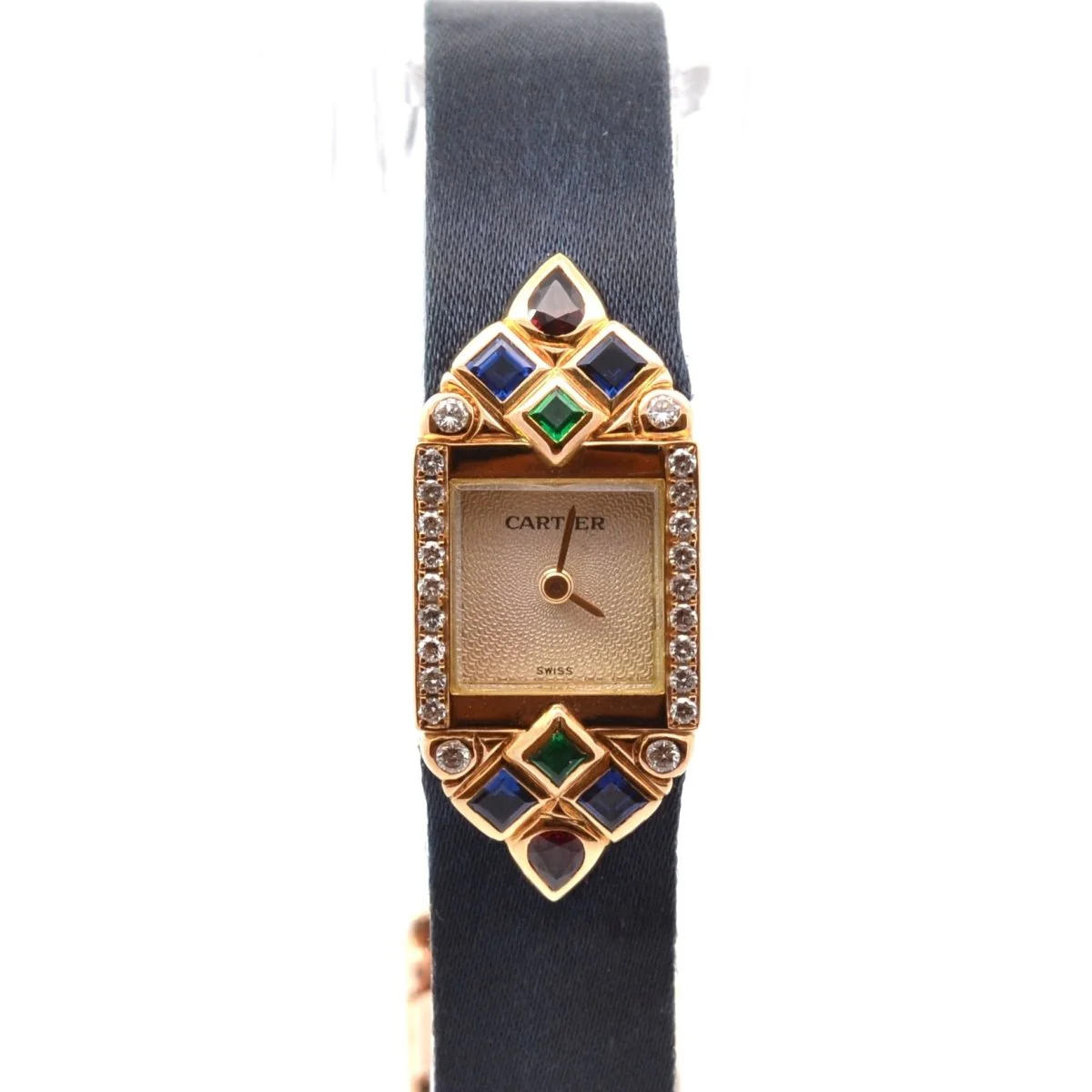 Watch CARTIER "St Petersburg" quartz in gold, leather, fabric and sapphires, emeralds, rubies and diamonds - Image 3