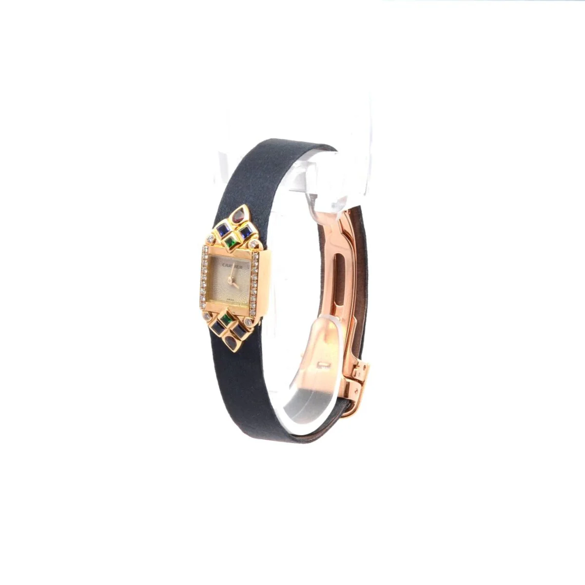 Watch CARTIER "St Petersburg" quartz in gold, leather, fabric and sapphires, emeralds, rubies and diamonds - Image 4