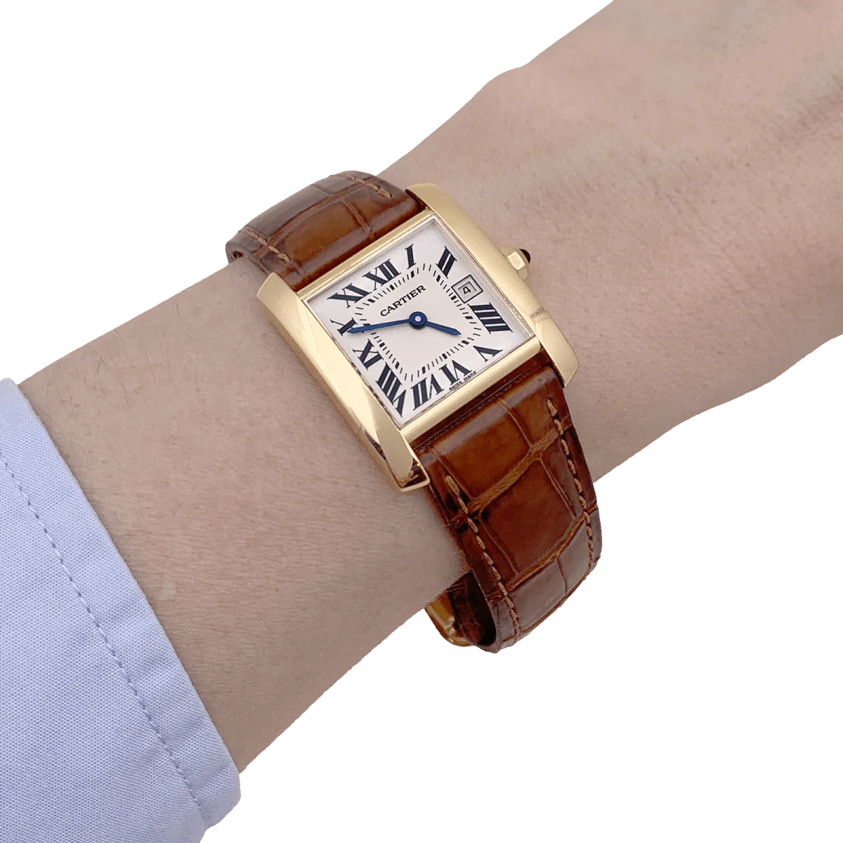 Watch CARTIER "Tank Française" in yellow gold, leather and steel - Image 2