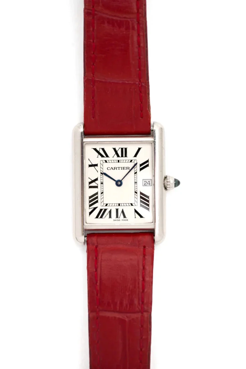 CARTIER "Tank Louis" watch in white gold, sapphire, and leather - Image 4
