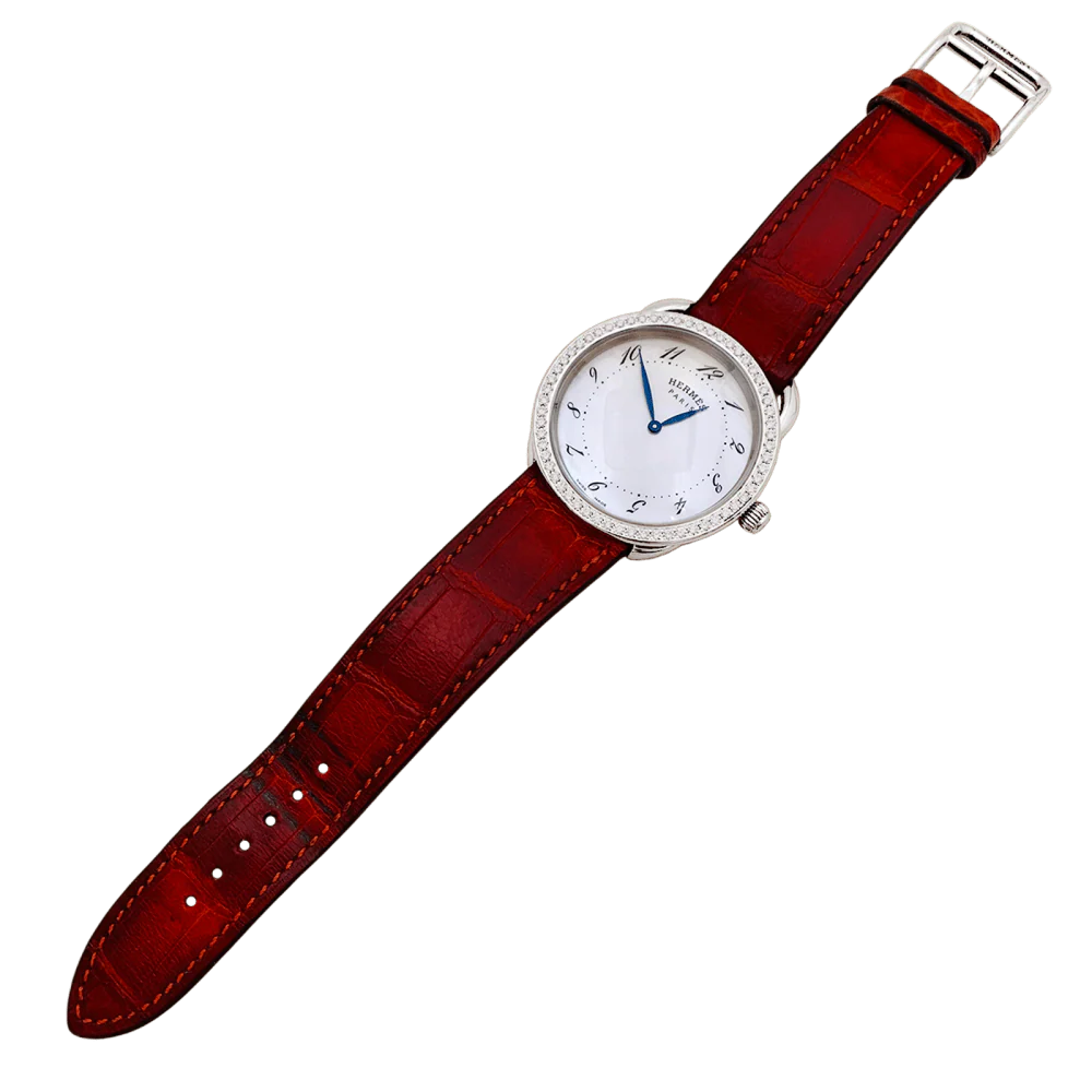 HERMÈS "Arceau" watch in steel, leather, mother-of-pearl and diamonds - Image 3