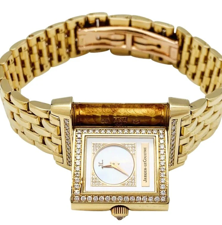 Jaeger Lecoultre "Reverso Duetto" watch in yellow gold, mother-of-pearl and diamonds. - Image 5