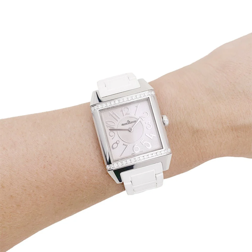 Jaeger Lecoultre "Reverso Squadra" steel, diamonds, rubber watch. - Image 8