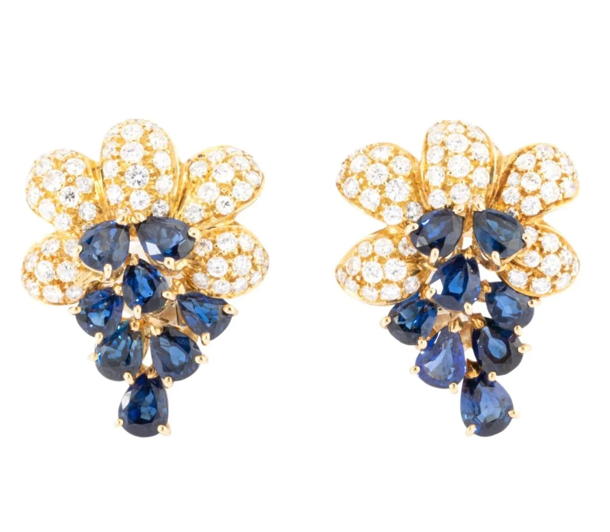 Pair of yellow gold sapphire and diamond earrings