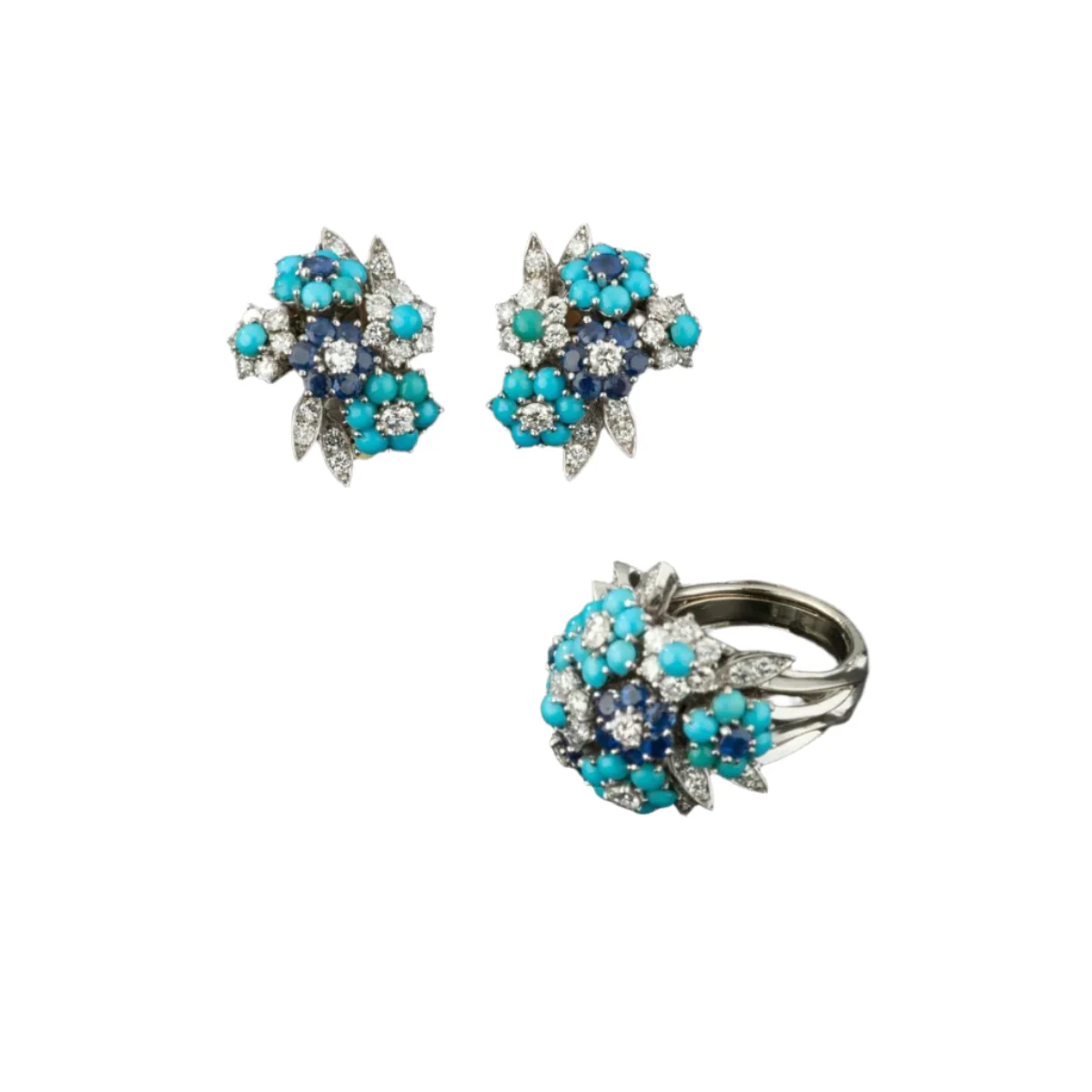 ALFRED HANNE earrings in white gold, platinum, turquoise and diamonds - Image 3