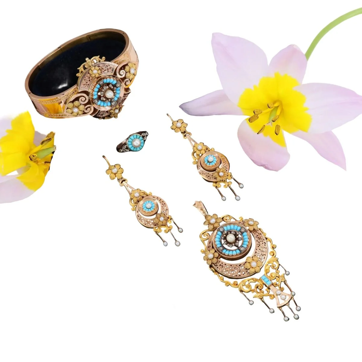Set in rose gold, pearls, turquoise and diamonds. - Image 8