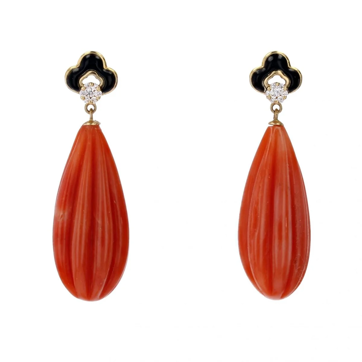 Earrings Hanging in yellow gold, onyx, coral and diamonds