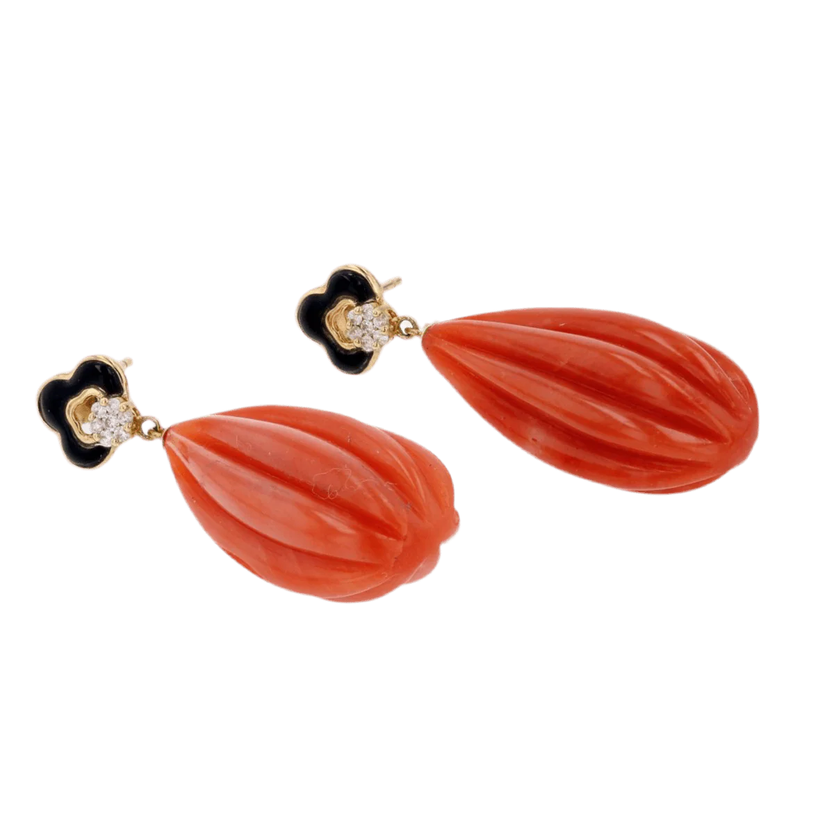 Earrings Hanging in yellow gold, onyx, coral and diamonds - Image 3