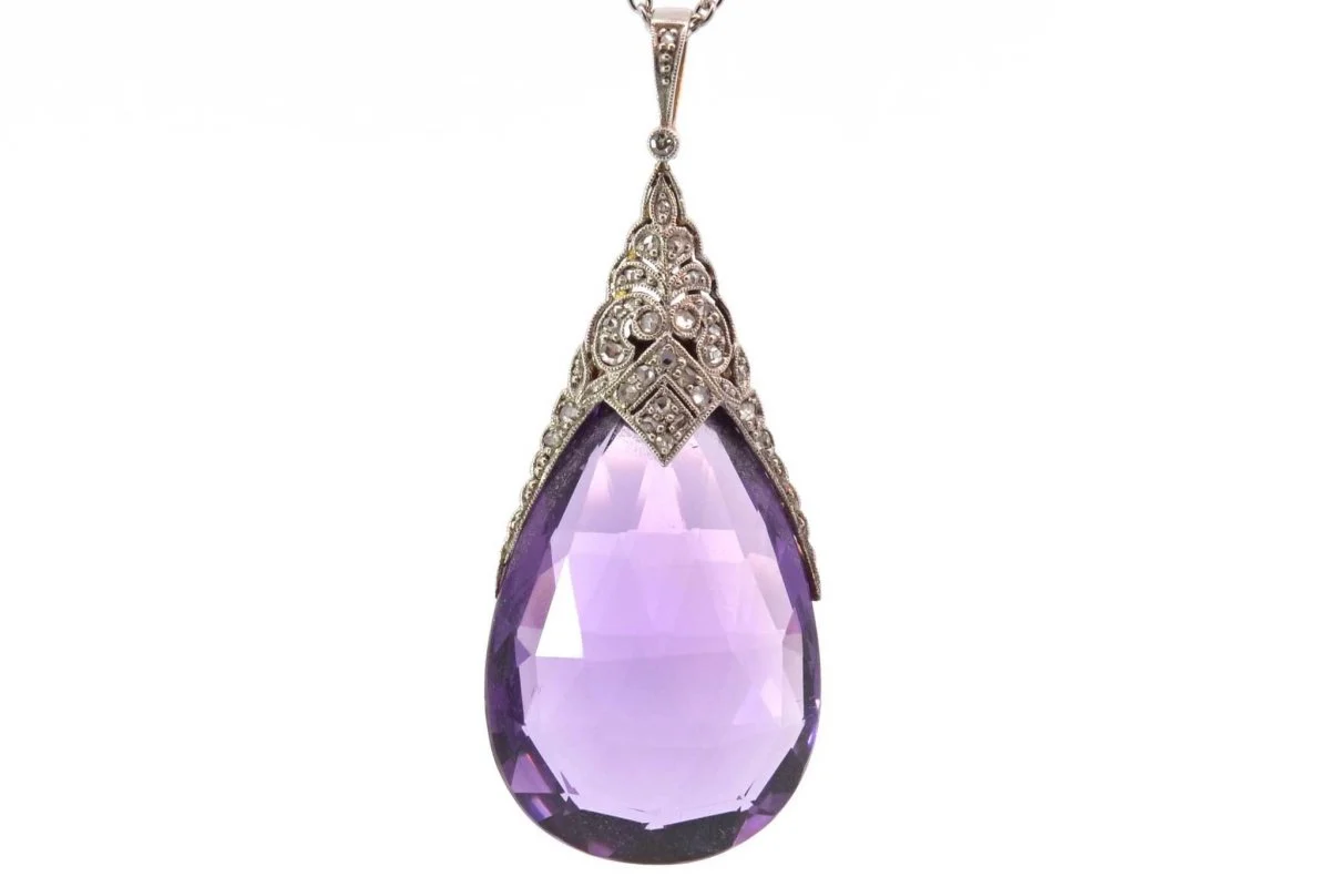 Antique 1900 amethyst and diamond pendant in gold and platinum