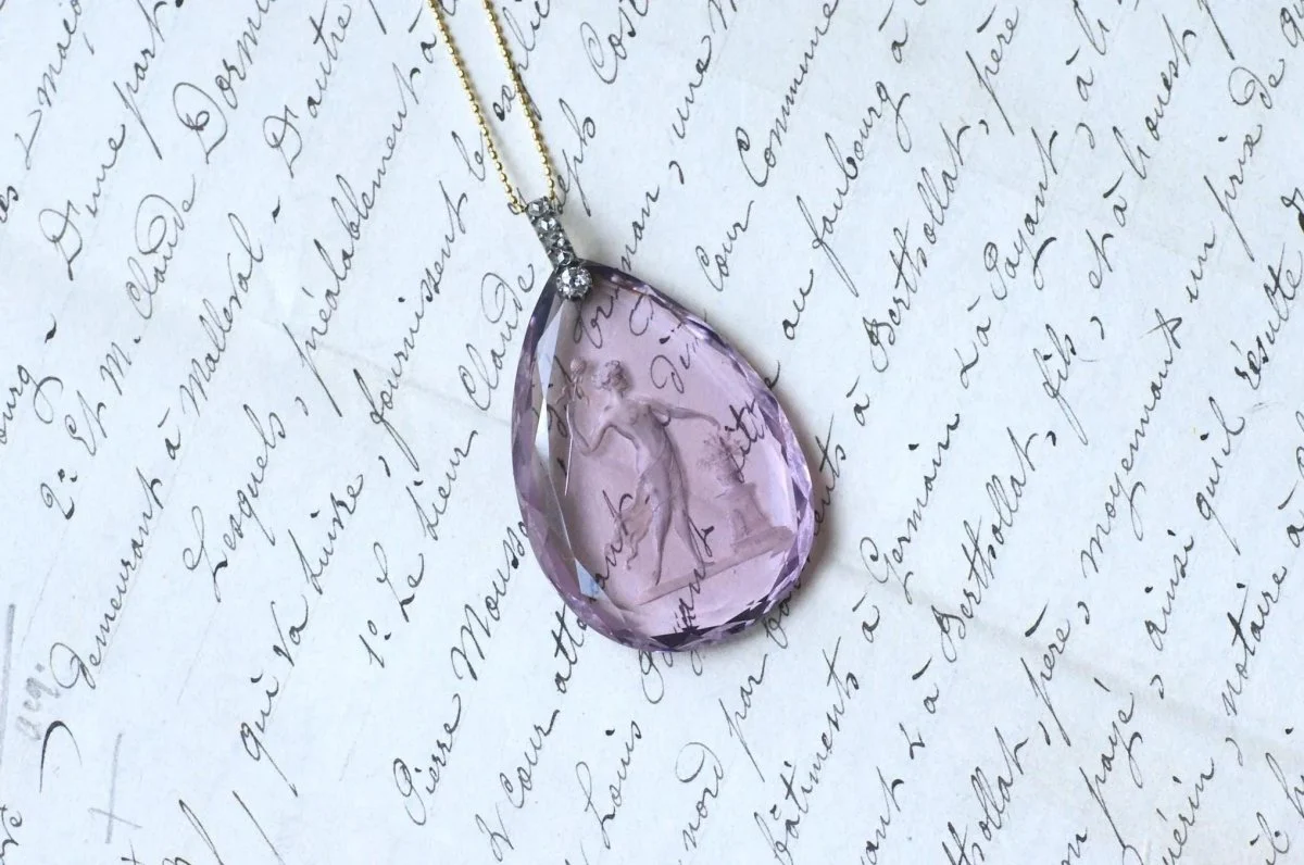 Antique Amethyst and Intaglio Drop Pendant diamonds - Image 4