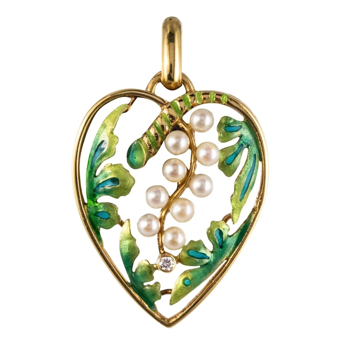 Pendant in yellow gold, pearls, enamel and diamond