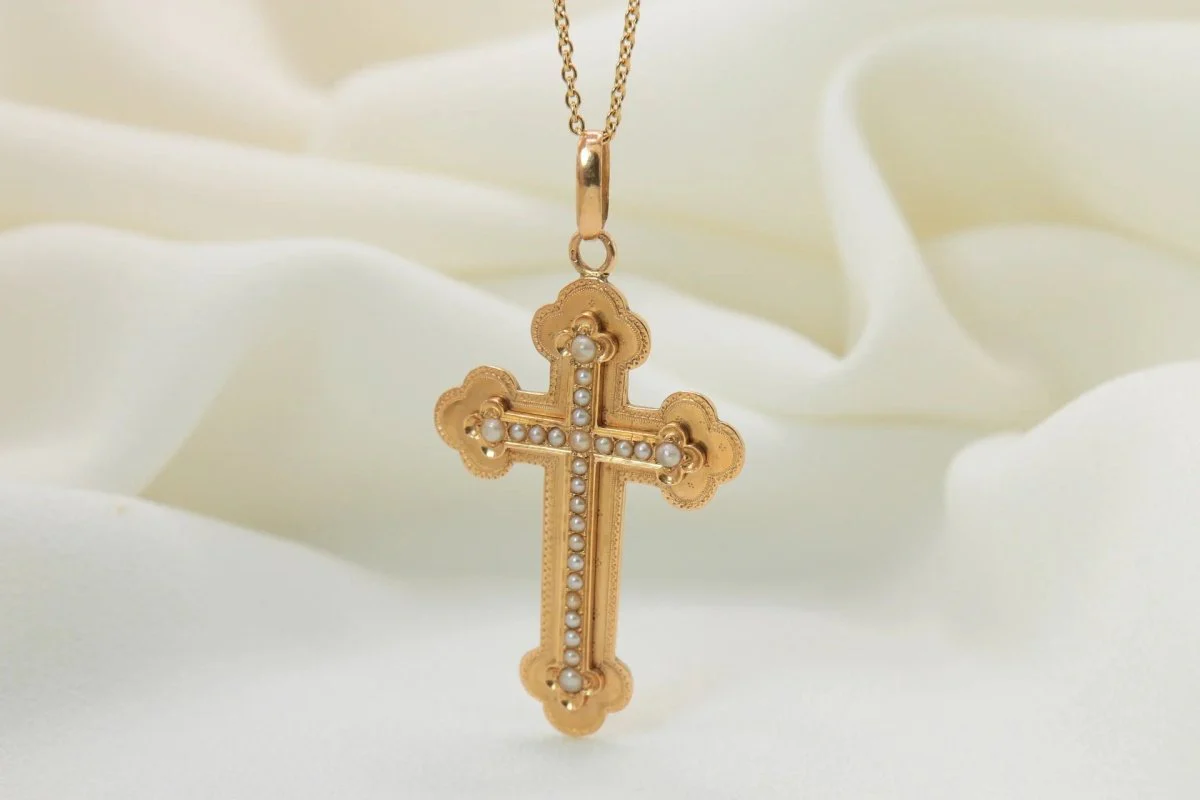 Antique cross pendant in gold and fine pearls - circa 1860 - Image 6