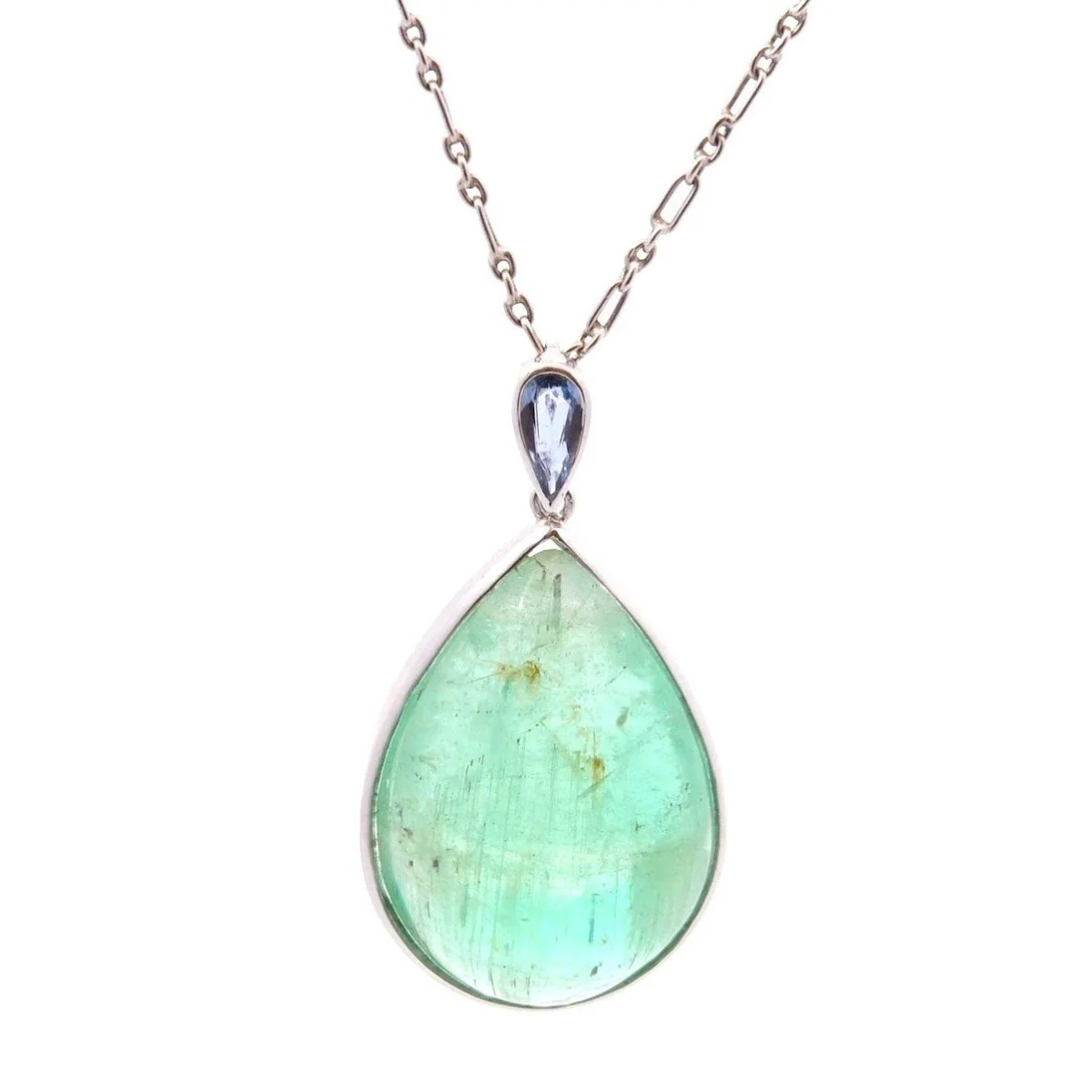 Platinum, emerald and sapphire pendant