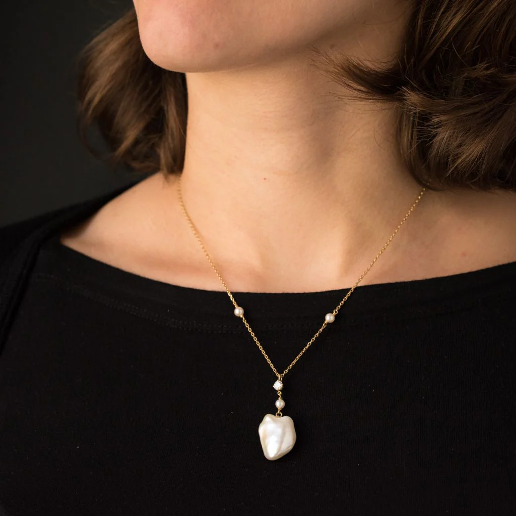 Necklace Pendant in yellow gold, pearl and diamond - Image 2