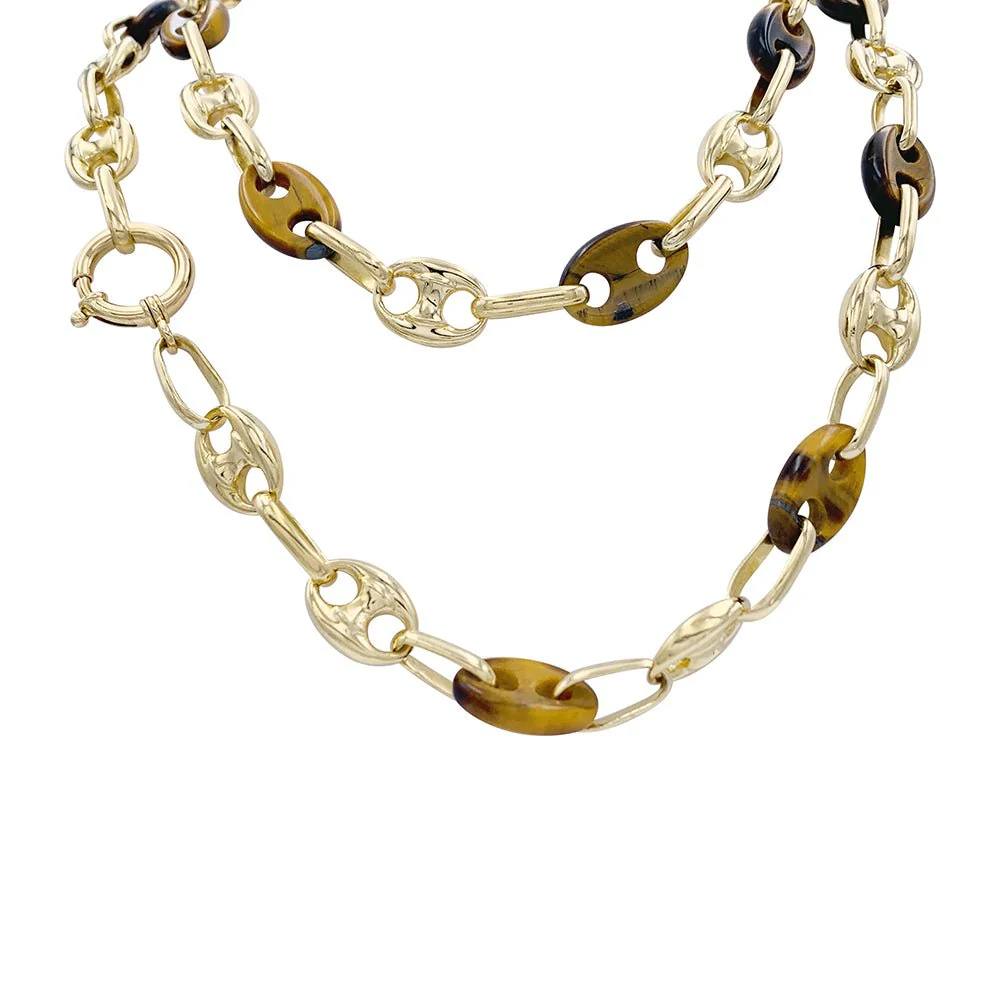 Vintage coffee bean necklace, yellow gold and tiger's eye