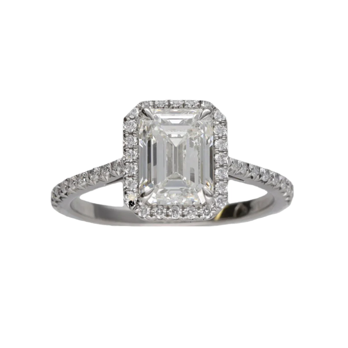 Tiffany & Co "Soleste Halo" solitaire in paltinium with a diamond emerald cut of 1.59 Cts (H-VVS1). Size 50. - Image 3