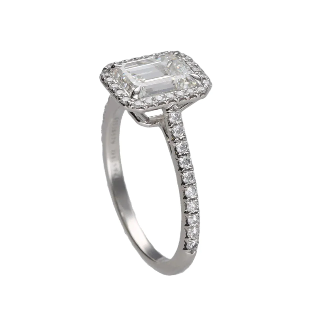 Tiffany & Co "Soleste Halo" solitaire in paltinium with a diamond emerald cut of 1.59 Cts (H-VVS1). Size 50. - Image 5