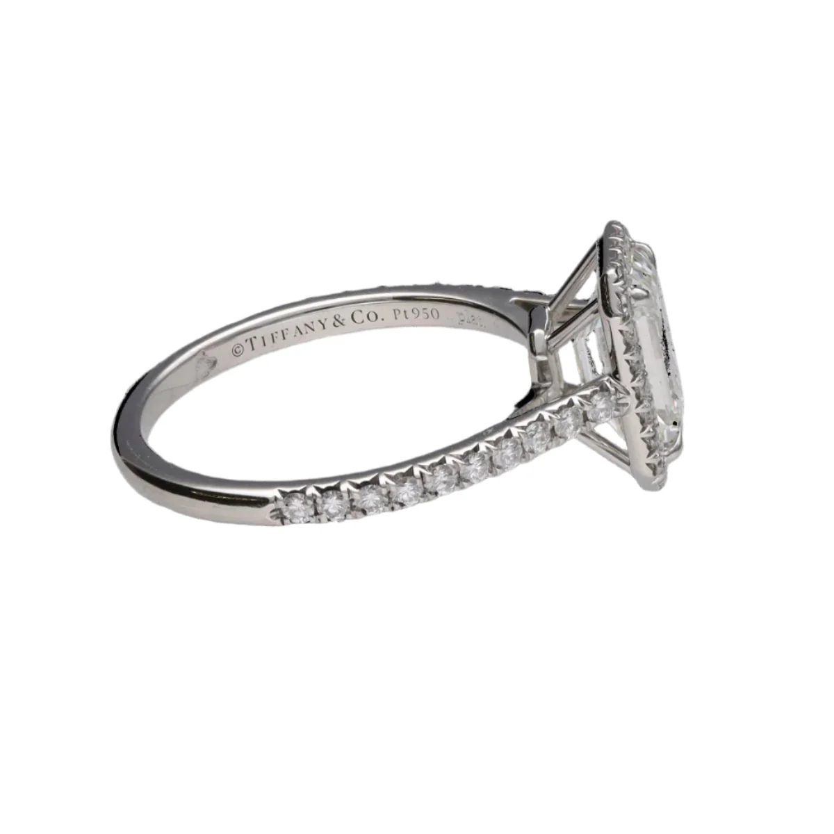 Tiffany & Co "Soleste Halo" solitaire in paltinium with a diamond emerald cut of 1.59 Cts (H-VVS1). Size 50. - Image 7