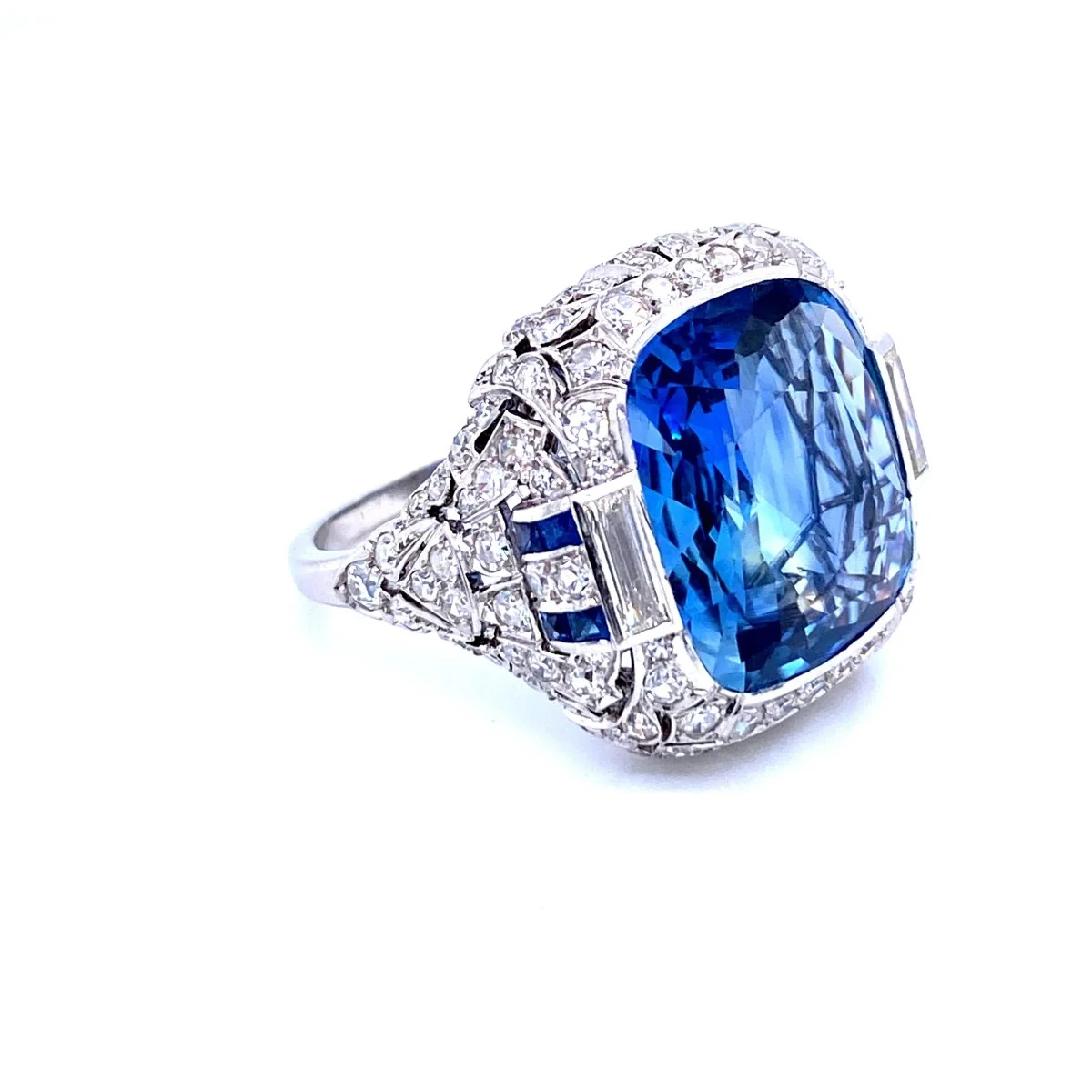 Ssef/Gubelin Certified 17 Carat Sapphire Art Deco Diamond Platinum Ring - Image 3