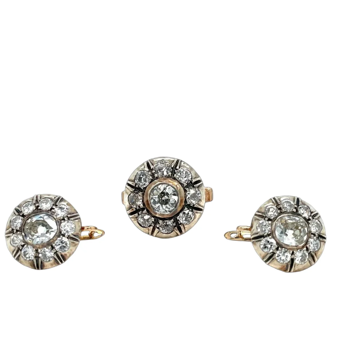 Victorian gold and silver ring and earrings set with diamonds